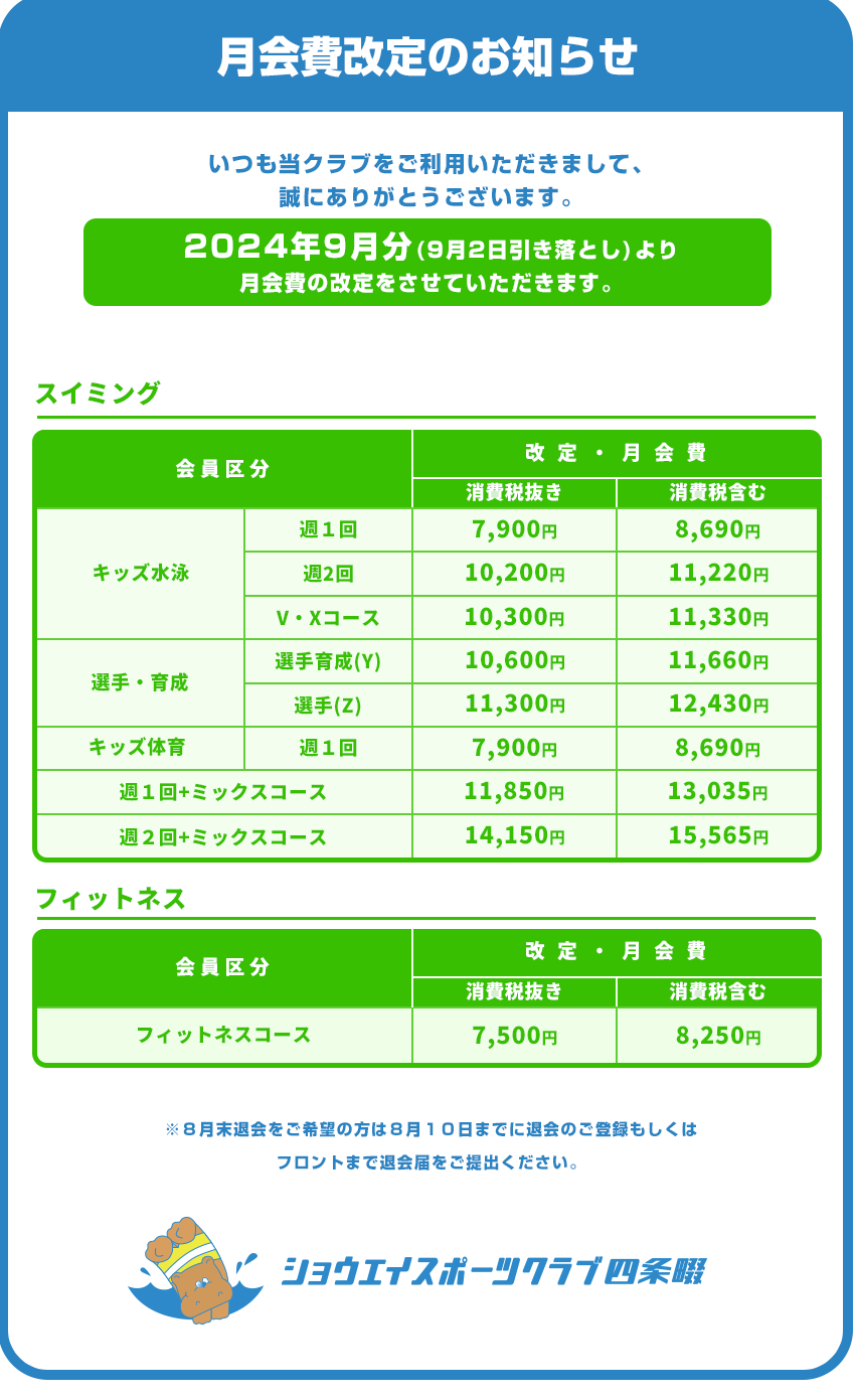 月会費改定のお知らせ