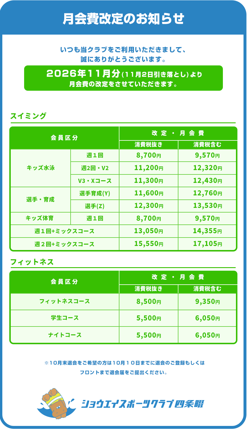 月会費改定のお知らせ